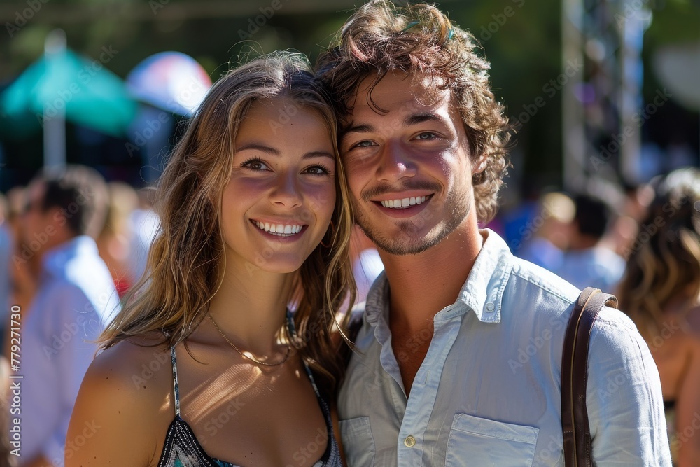 Young smiling couple posing arm in arm under daylight among a crowd at an outdoor venue