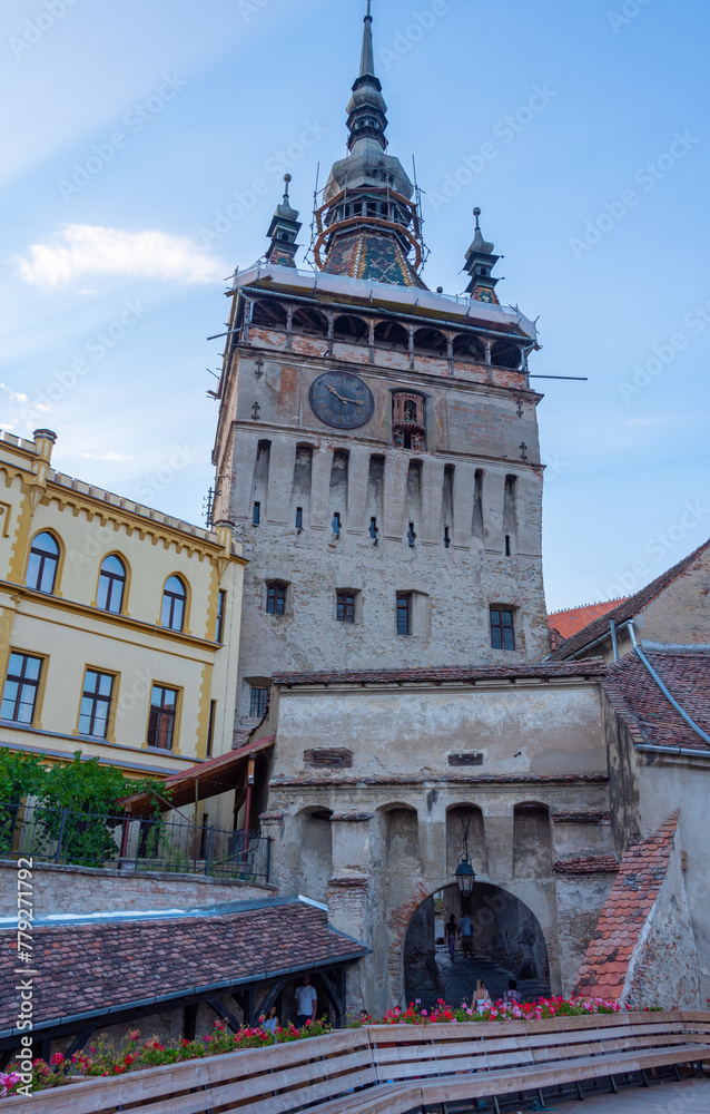 Fototapeta premium Sunset view of the clock tower in Sighisoara, Romania
