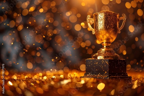 A majestic golden trophy cup stands proudly against a backdrop of sparkling golden lights and bokeh effect