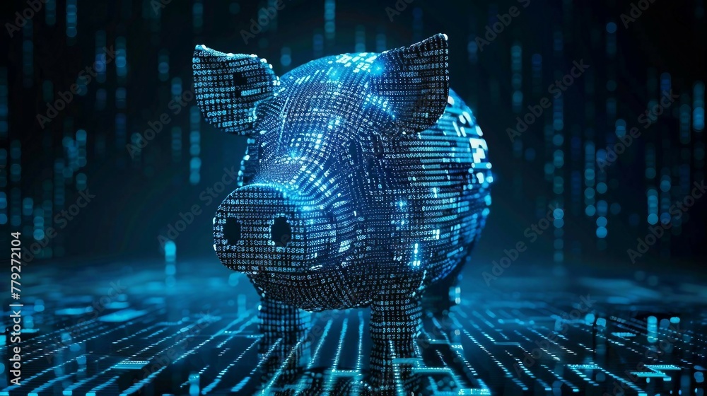 custom made wallpaper toronto digitalblue digital  piggy bank with binary code stream, ai  in financial management systems, budgeting apps, investment platforms, and personalized savings strategies.
