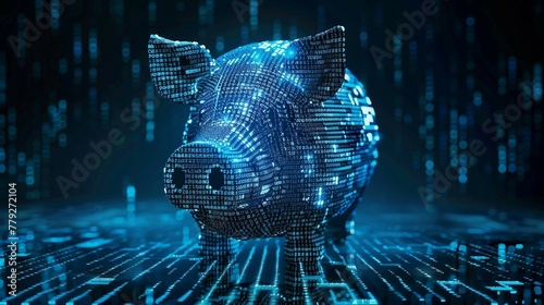 Wallpaper Mural blue digital  piggy bank with binary code stream, ai  in financial management systems, budgeting apps, investment platforms, and personalized savings strategies.
 Torontodigital.ca