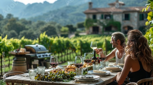 Couple enjoying a garden party, drinking wine and eating delicious food.