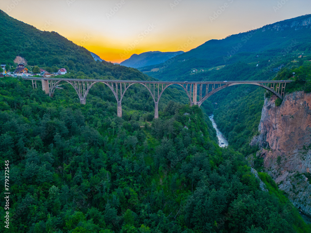 Sunset view of Djurdjevica Tara bridge in Montenegro Sunset view of Djurdjevica Tara bridge in Montenegro