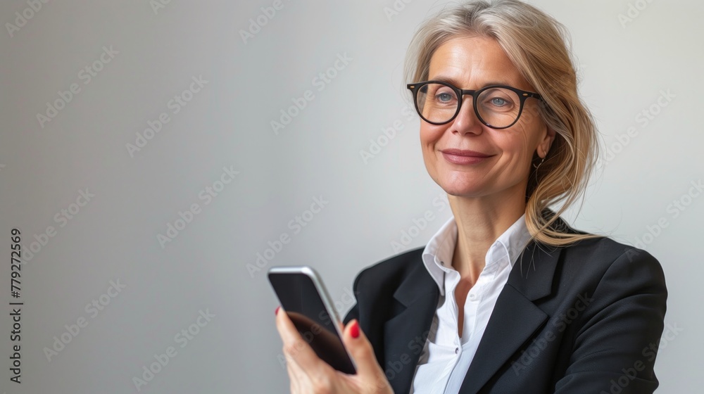 A successful businesswoman working on her smartphone, with a banner available for you to add your own message.