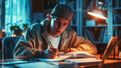 AI generated image of a teenager writing homework photo