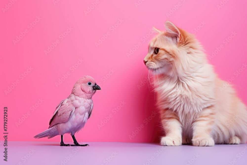 Pink bird looking at a fluffy orange cat on a vibrant background