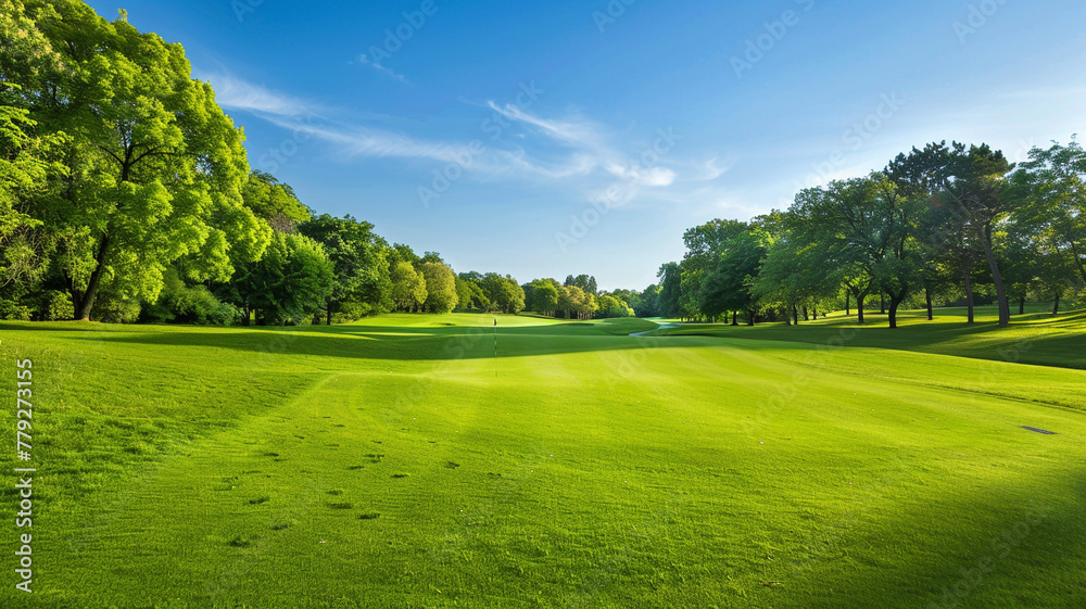 A lush green golf course with a clear blue sky overhead.
