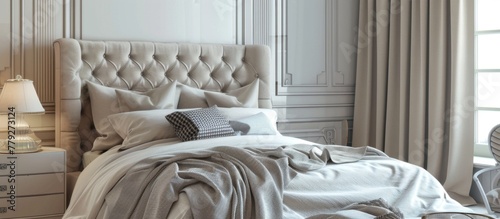 Bed with a sleek white headboard and a neatly placed white blanket, creating a clean and minimalistic look