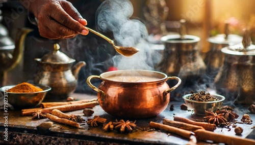 An atmospheric scene depicting the process of brewing masala chai in a traditional Indian