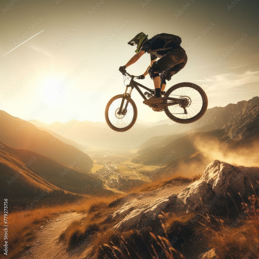 a man is riding a mountain bike with a mountain in the background