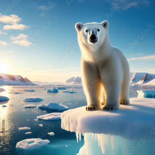 a polar bear on ice with the sun behind it