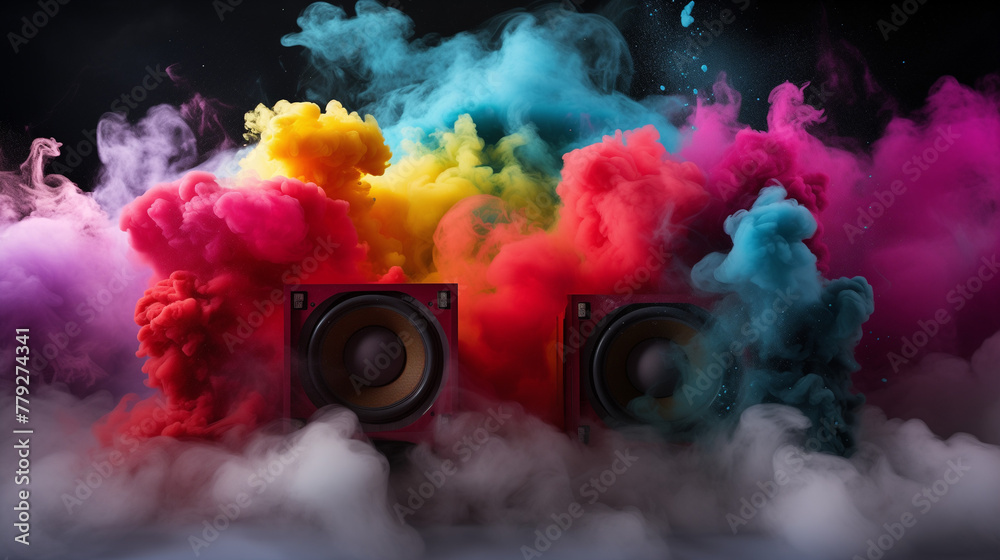 audio speaker  with colorful smoke background