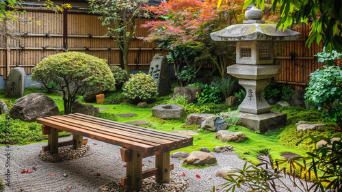 A serene Japanese tea garden with a traditional stone lantern and wooden bench.