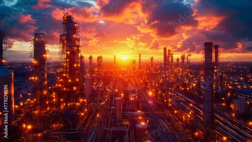Industrial oil refinery petrochemical chemical plant with equipment and tall pipes photo