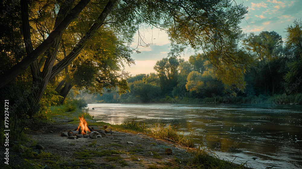 A peaceful riverside campsite bathed in the soft light of a summer evening, with a crackling campfire casting shadows on the trees. - obrazy, fototapety, plakaty 