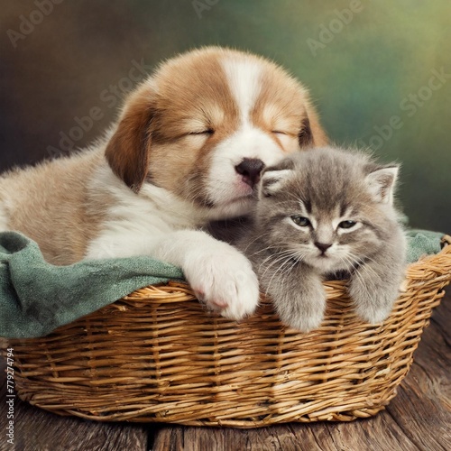 Cute puppy and kitten sleeping in a basket © Atenya