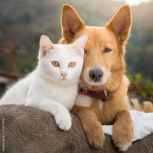 White cute cat and brown dog cuddling together and sleeping