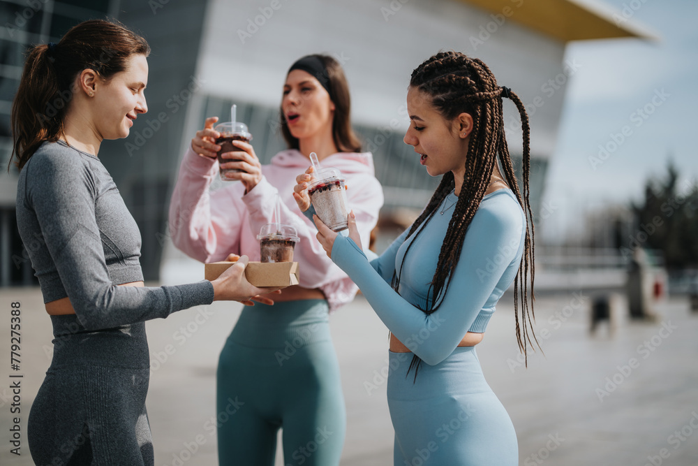 Three active women enjoying a refreshing smoothie break together outside after a workout session. - obrazy, fototapety, plakaty 