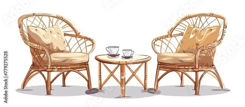 A set of two wicker chairs with armrests and a small rectangular table, crafted from hardwood. The outdoor furniture set includes two cups of coffee as an artful touch