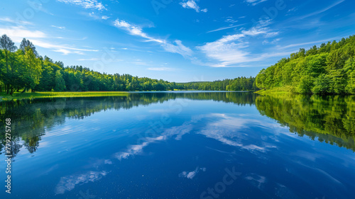 A crystal-clear lake reflecting the blue sky and surrounding trees.
