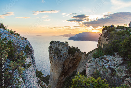 Beautiful landscape with sea and rocks, sunset on the Mediterranean sea, France. photo