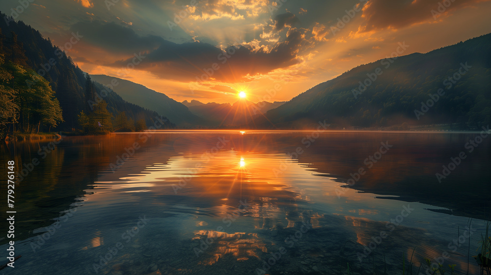 A beautiful sunset over a lake with a reflection of the sun on the water. AI.