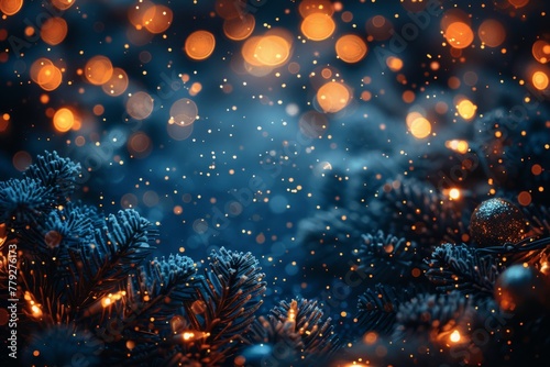 Winter holiday scene with sparkling bokeh lights on a backdrop of deep blue snow-covered pine branches