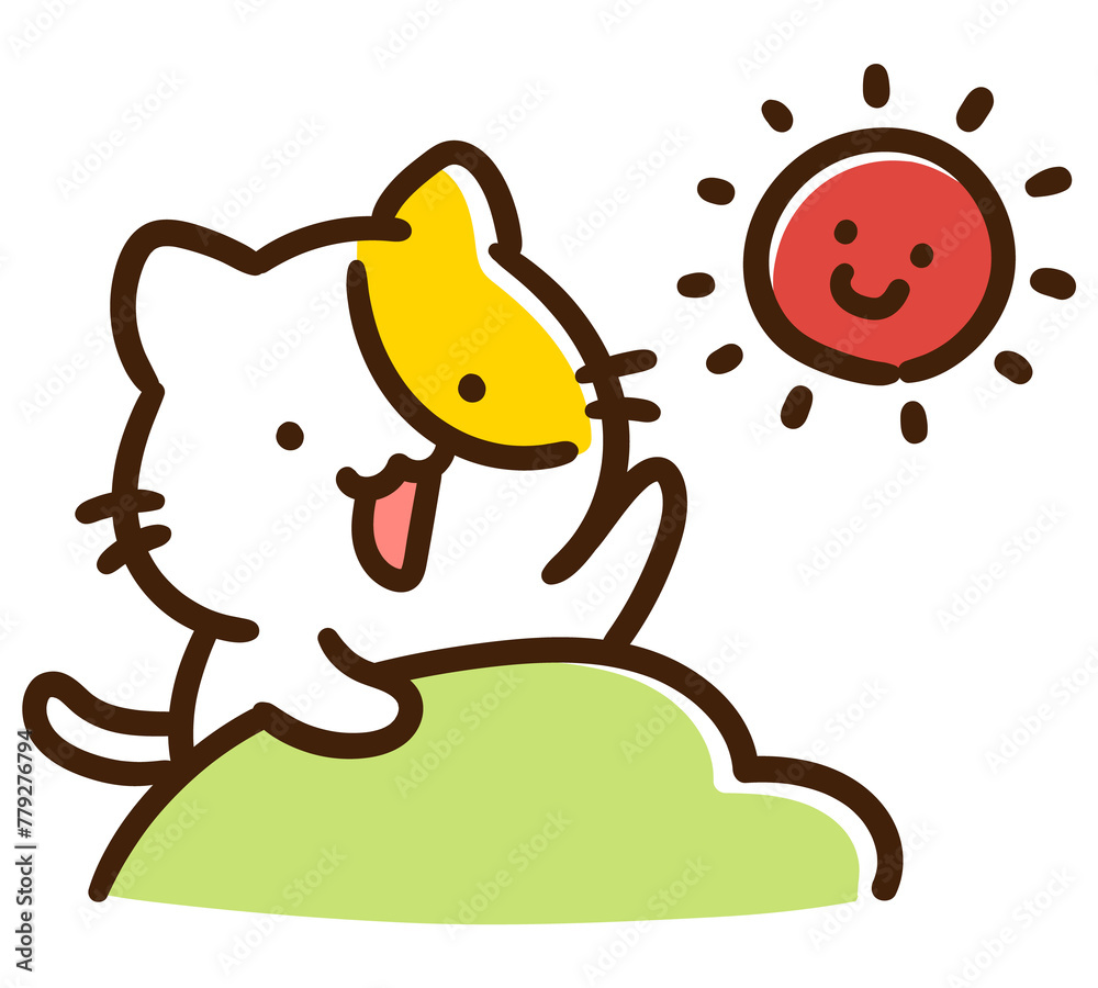 Fototapeta premium 布団から起き上がって挨拶するかわいいねこのキャラクターのデフォルメイラスト
