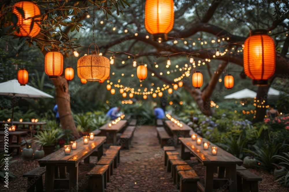 A magical setting with glowing lanterns hanging from trees above wooden benches, creating a warm, inviting atmosphere