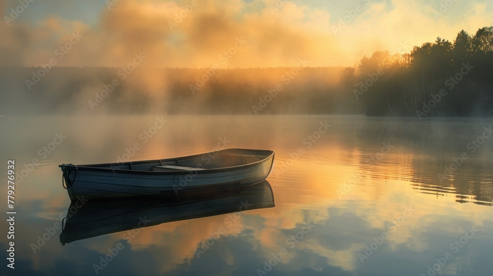A boat floats still on a serene lake, shrouded in a veil of morning fog. - obrazy, fototapety, plakaty 