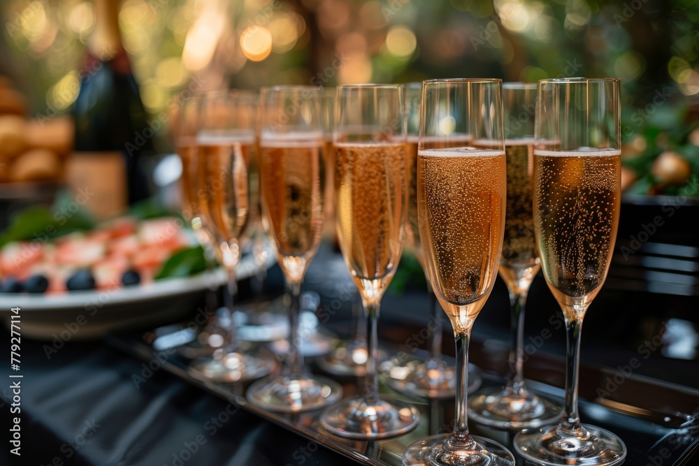 A close-up of sparkling champagne flutes, elegantly arranged for a special toast at a celebratory event or reception A close-up of sparkling champagne flutes, elegantly arranged for a special toast at a celebratory event or reception