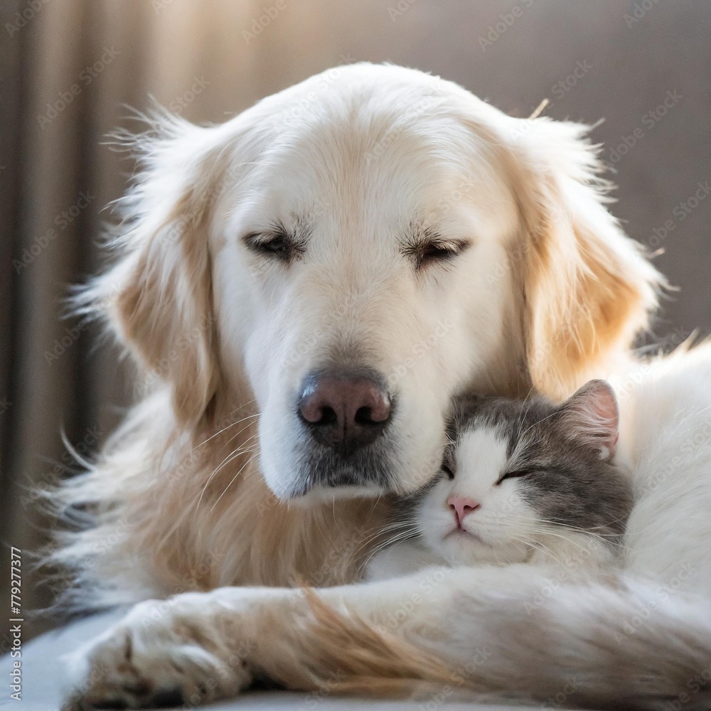 Cat cuddling inside dog