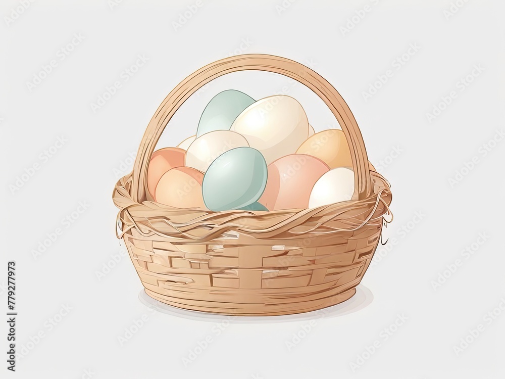 Wicker basket with chicken eggs table Easter. Wicker basket with chicken eggs table Easter.