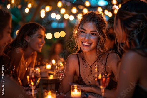 Gorgeous young woman with a beaming smile enjoying a candle-lit dinner with friends