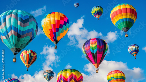 The vibrant colors of a hot air balloon festival filling the sky on a sunny day.