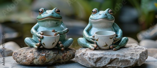 Two green frogs are perched on a grey stone with a ceramic cup placed between them in a serene outdoor setting © LukaszDesign