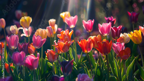 A colorful array of tulips blooming in a sunlit garden.
