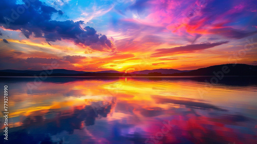 A serene lake reflecting the vibrant hues of a fiery summer sunset.