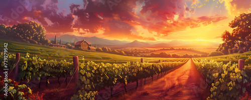 Vineyard farm at sunset  beautiful rural landscape  panoramic view  illustration generated ai