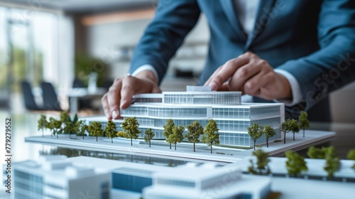 Business man architect showing a new industrial building model for hotel or office projects constructions