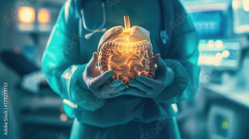Closeup of a doctor hand in gloves holding a glowing wooden intestinal model