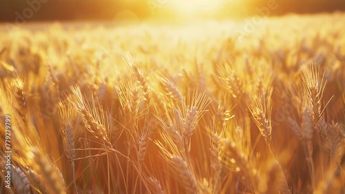 A sunlit wheat field swaying in the gentle breeze, ripe for harvest. photo