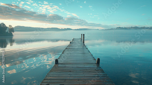 A tranquil lakeside pier stretching into calm waters, inviting a leisurely stroll. photo