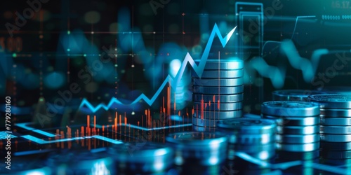 digital background of stacks coins and financial graphs with blue arrows pointing up to represent growth in stock market
