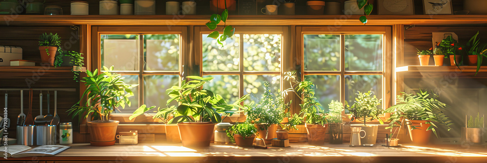 Bright Indoor Garden Space with Various Potted Plants on a Sunny Window Sill, Emphasizing Green Living