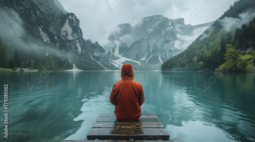 A man sits on a wooden raft in a lake, wearing a red jacket. AI.