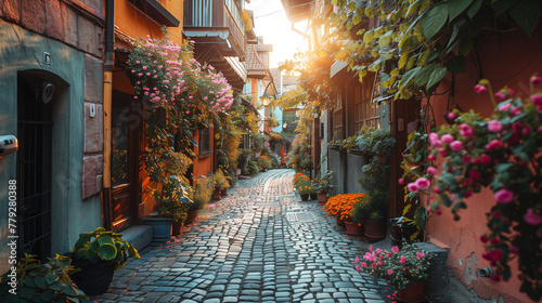 A narrow cobblestone street lined with potted plants and flowers. AI.