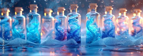 An assortment of emotion-filled bottles, their vibrant liquids shifting colors and patterns based on infused.