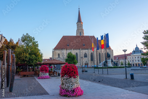 Sunset view of Saint Michael church in Cluj-Napoca, Romania photo