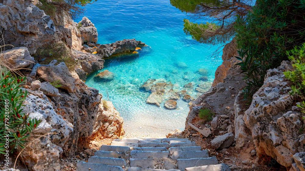 A sandy pathway leading to a hidden cove with crystal-clear waters.